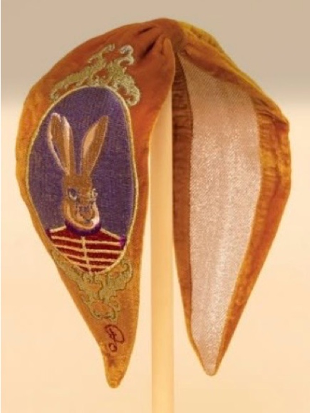 Gold Velvet Bunny Ear Headband with Embroidered Motif